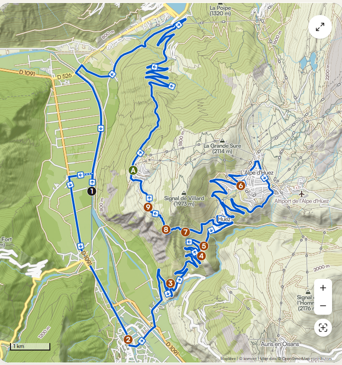 Routekaart Rondje Alpe d'Huez
